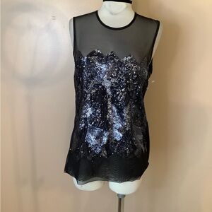 BCBGmaxazria BCBG Sequin Sleeveless Art Deco Blouse Blue Black size Medium 8/10